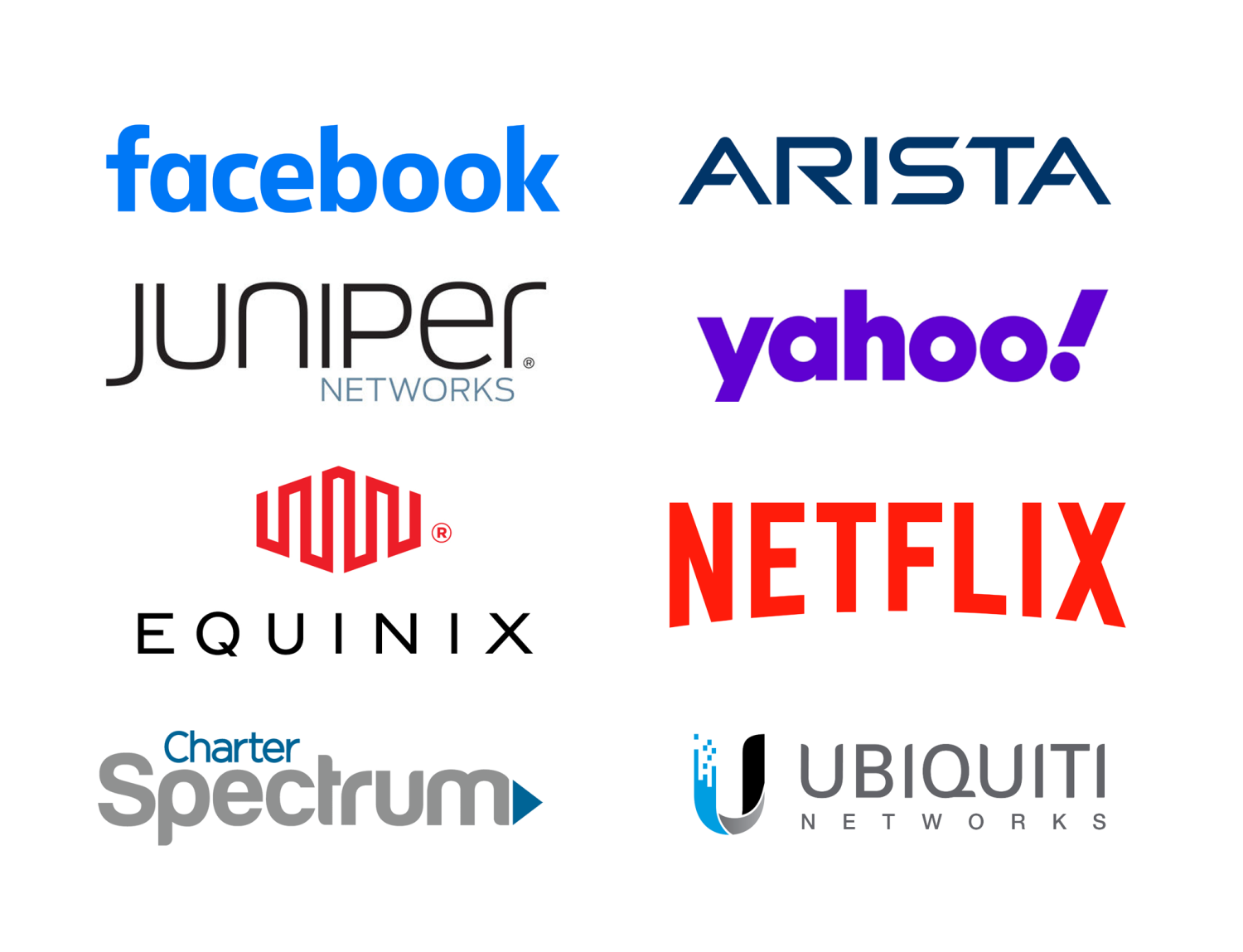 logos for Arista Networks, Juniper Networks, Equinix, Netflix, Yahoo, Charter Spectrum, Ubiquiti Networks and Facebook