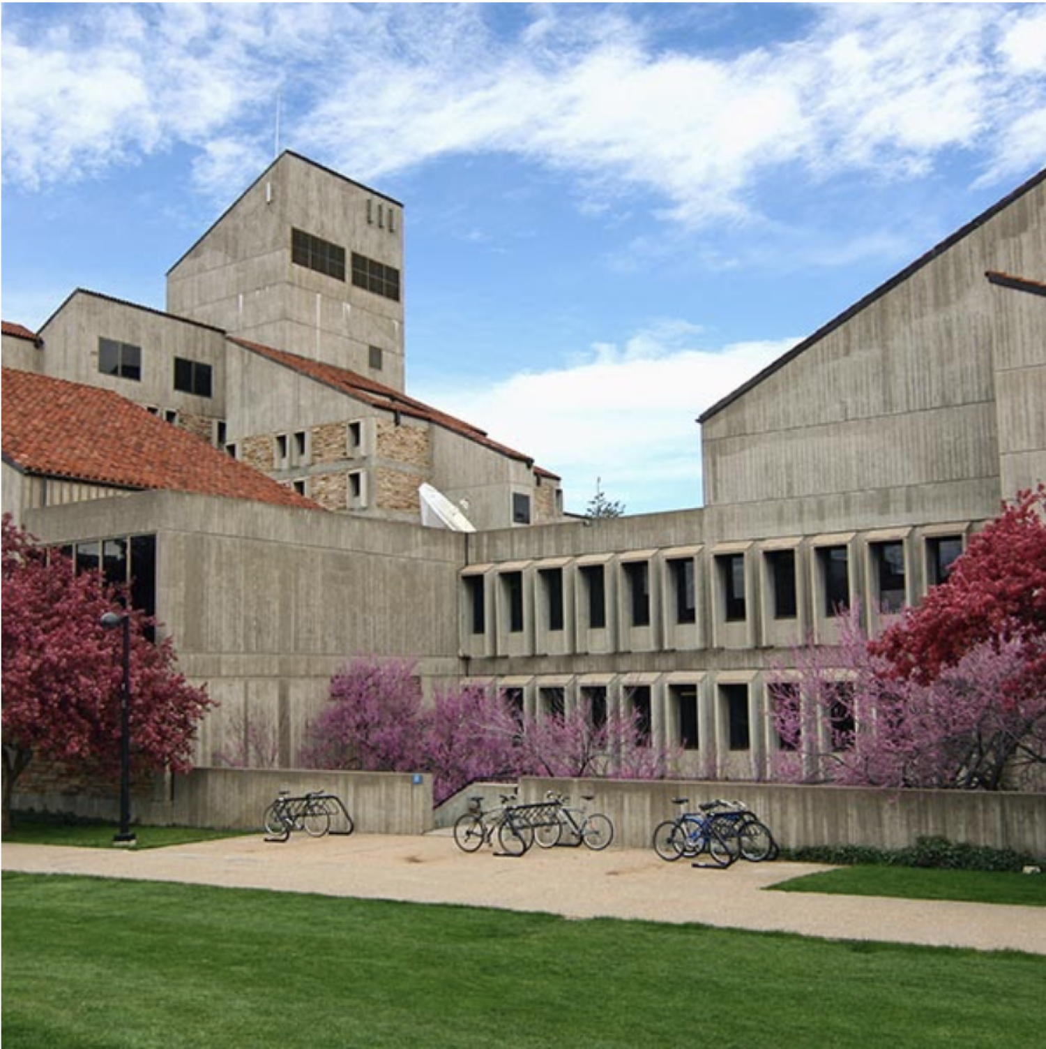 Exterior shot of the engineering center against a blue sky