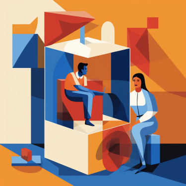 A cubist illustration of someone in a small box next to someone with more room