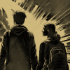 A drawing of two people looking towards a golden glow with feathers and rays, one has a backpack on. Image edited from imagine.art generative AI base image from the prompt: debt free college education, two people