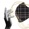 A black and white hand reaches towards abstract shapes