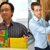 At left: Tom Yeh with a tactile picture book. At right: Aaron Clauset discusses big data problems at a whiteboard.