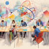 students writing essays with fanciful analytics over their heads