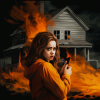 A midjourney prompted image of a woman without a working phone near a burning house