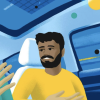 An illustration of two people talking in an futuristic autonomous vehicle