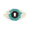 An illustration of a blurred blue eye with an in-focus white keyhole in the black pupil