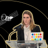 Esther Rolf gives a presentation with superimposed drawings of satellites