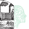 Two people's silhouettes made of circuits flank an old drawing of a factory