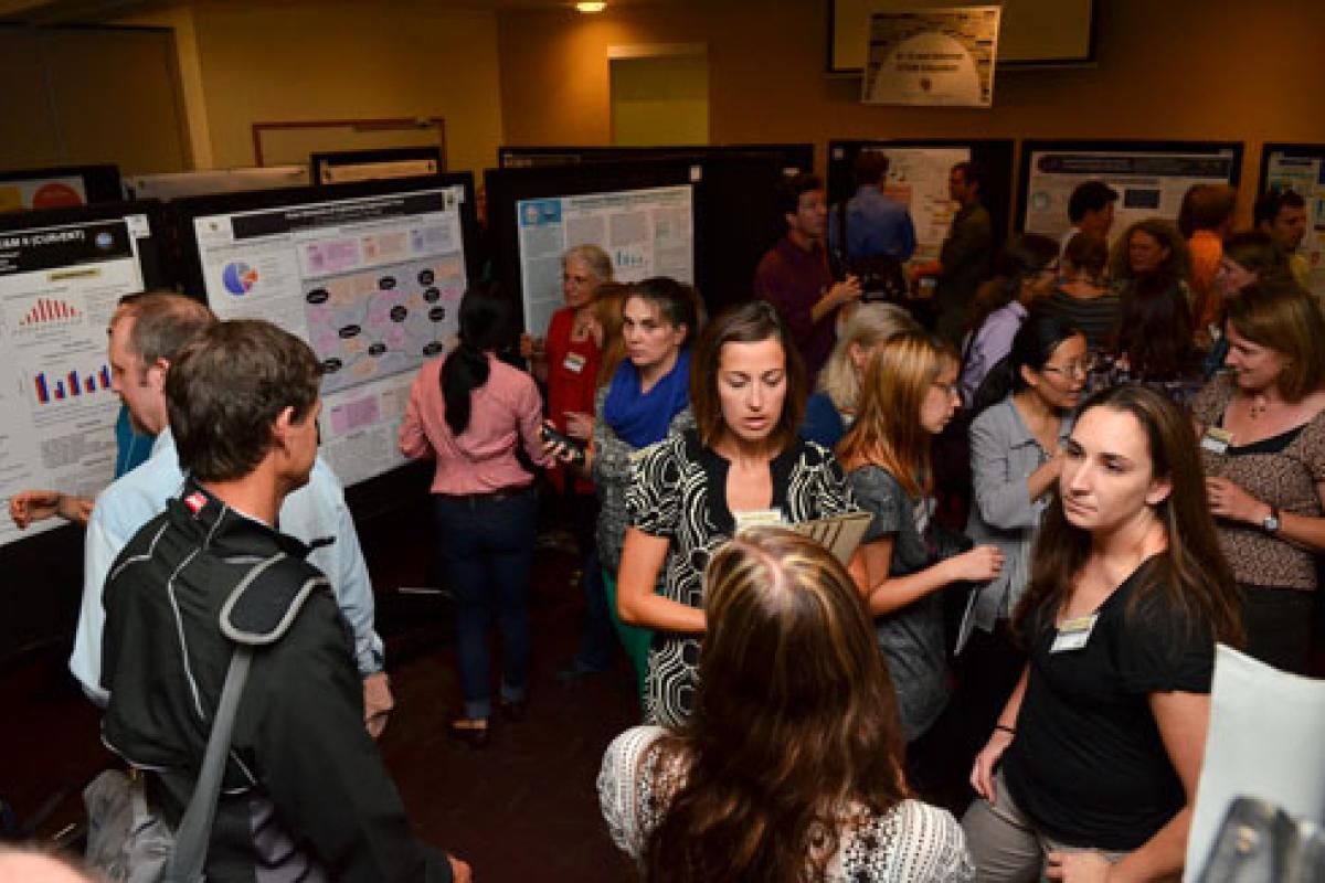 Presenters and viewers mingle at a poster session