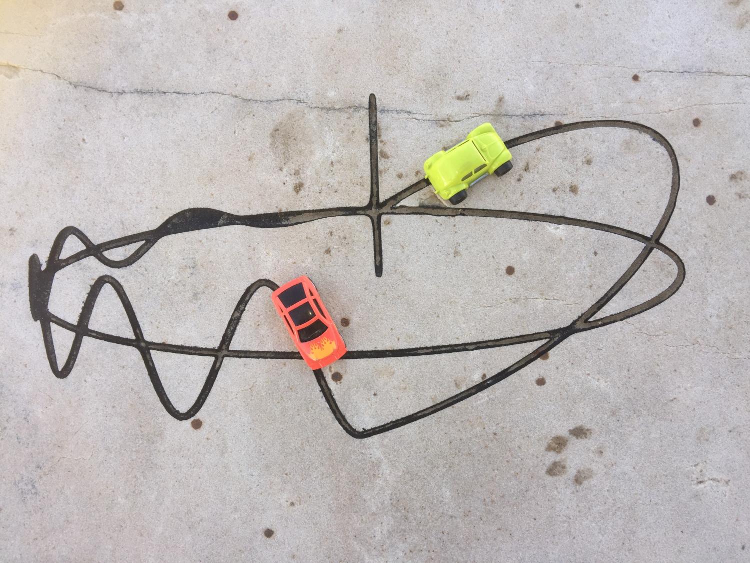 #D Fourier transform etched in the rock with toy cars