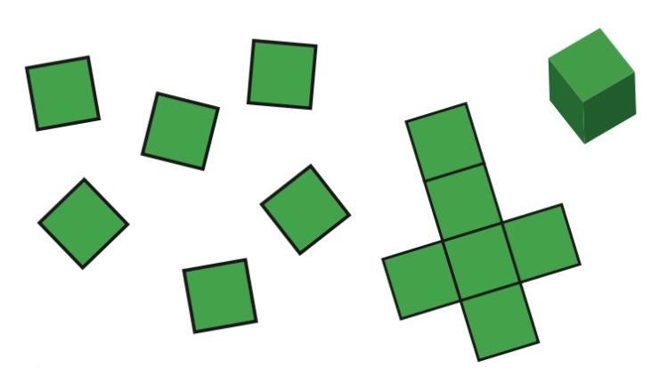 Green cube with net and squares