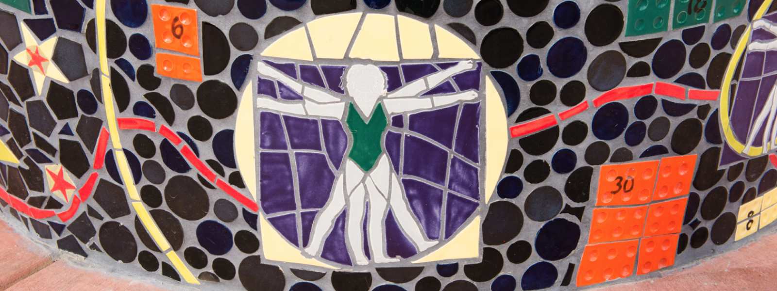 Mosaic image of girl with arms and legs outstretched like Da Vinci's Vetruvian Man