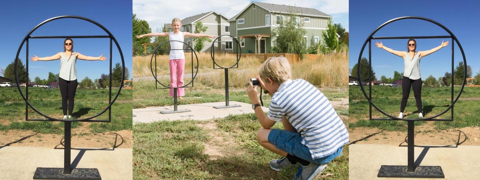 Three side by side images, each showing relationships between circles and squares and the human form of two girls at a park.