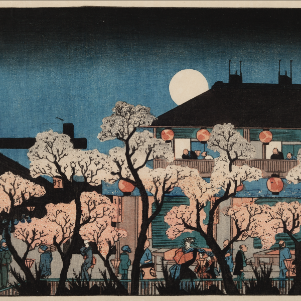 A Japanese woodblock print depicting an outdoor scene at night. There are many people walking around and looking out of a building with many trees with pink foliage in the foreground. The full moon peeks out from behind the black roof of the building.