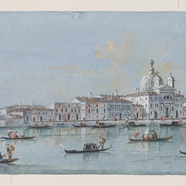 A watercolor painting depicting an Italian waterway filled with boats and a city skyline.