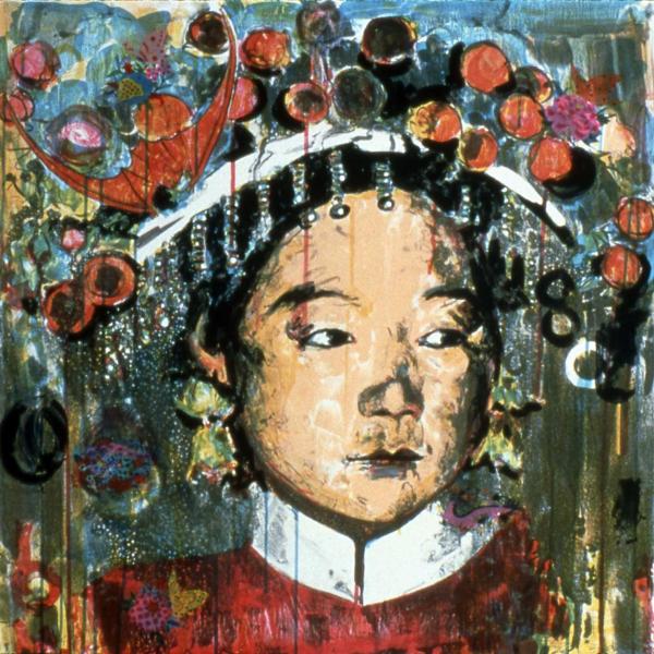 Highly stylized painting of a Chinese woman in a traditional headdress