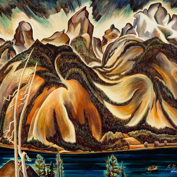Highly stylized painting of mountains