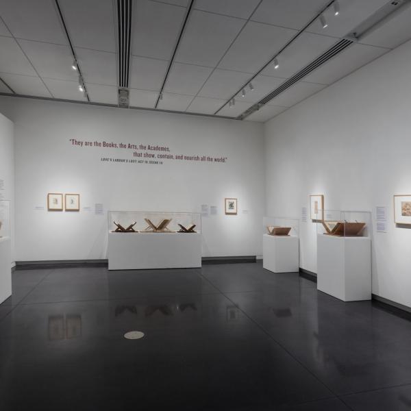 Installation view of historic volumes from Shakespeare's time in the south west corner of the gallery