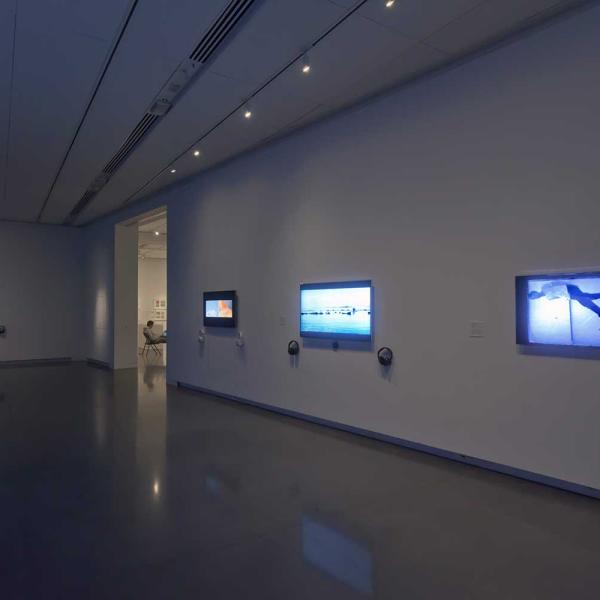 Installation view of the Interlaced exhibition showing TV screens