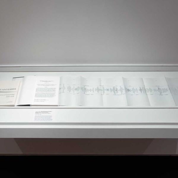 Pages of a book laying in a flat case mounted to the wall.