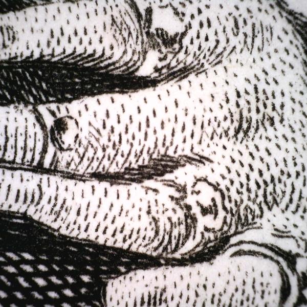 highly magnified detail of an etching print depicting the hand of a figure