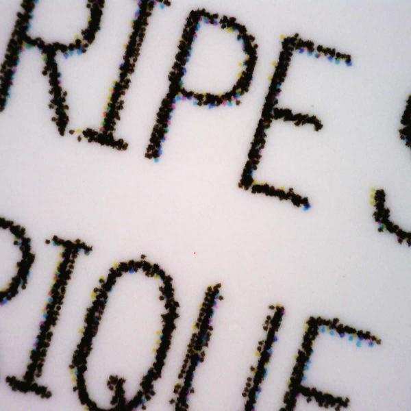 highly magnified detail of text showing the black and colored dots of the printing