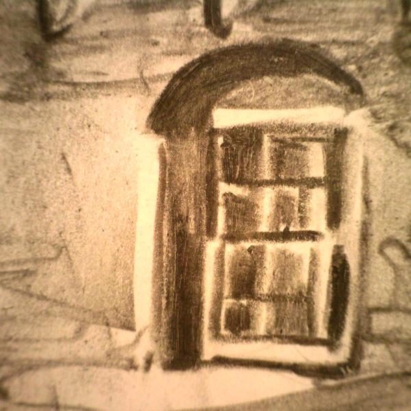 highly magnified detail of a graphite drawing depicting a window