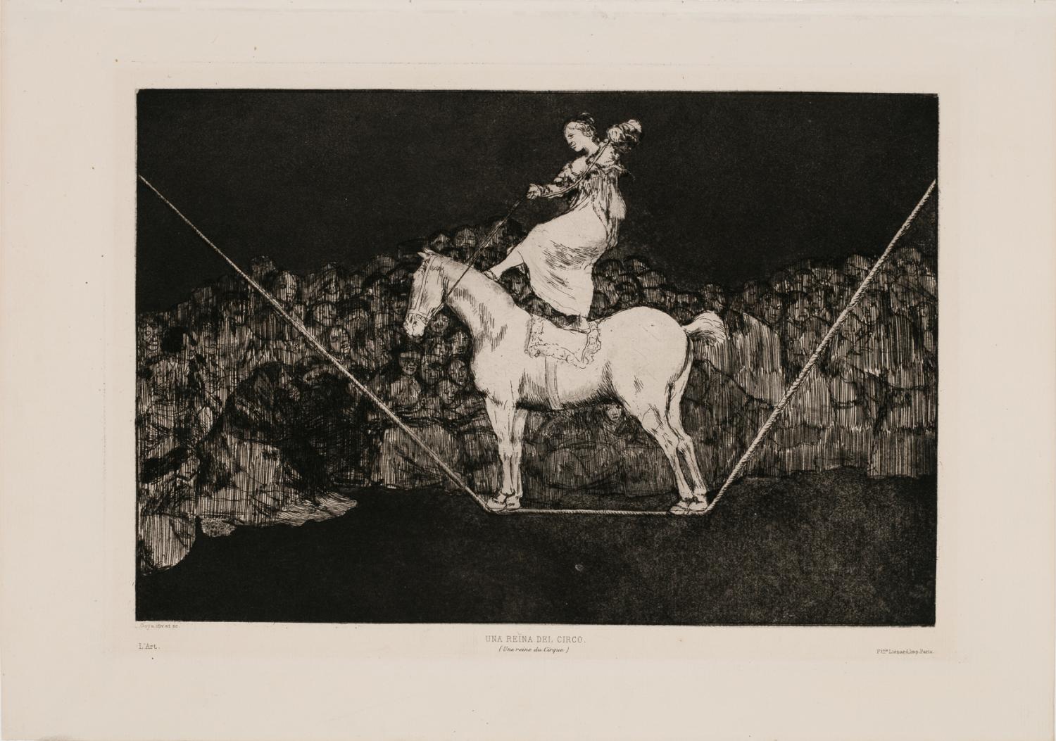 A black and white print depicting a woman standing on a horse