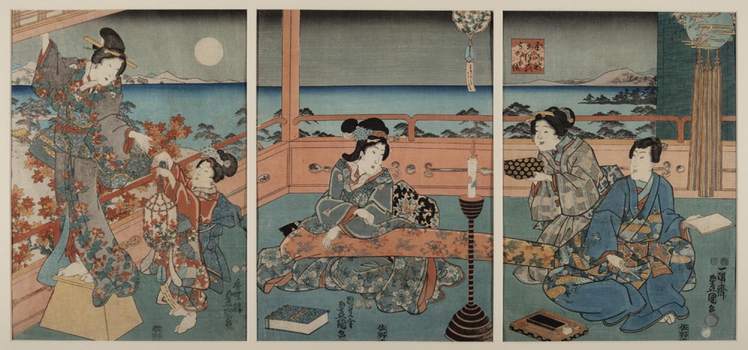 A woodblock print depicting five figures at night viewing the moon.