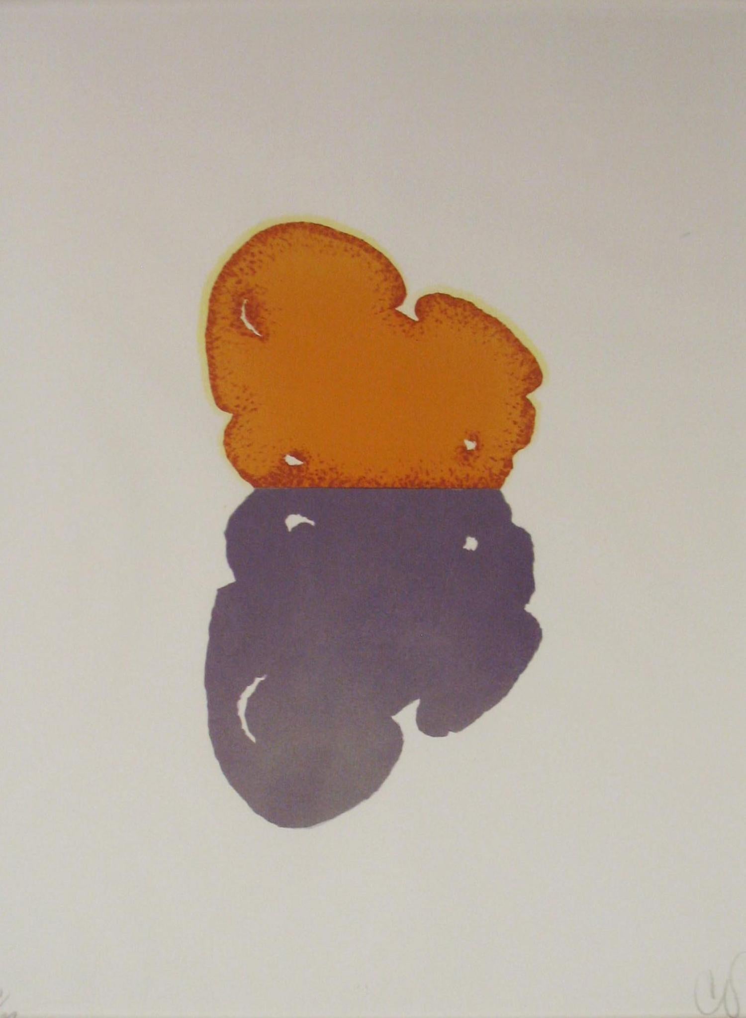 An abstract print with fields of orange and purple on a white page