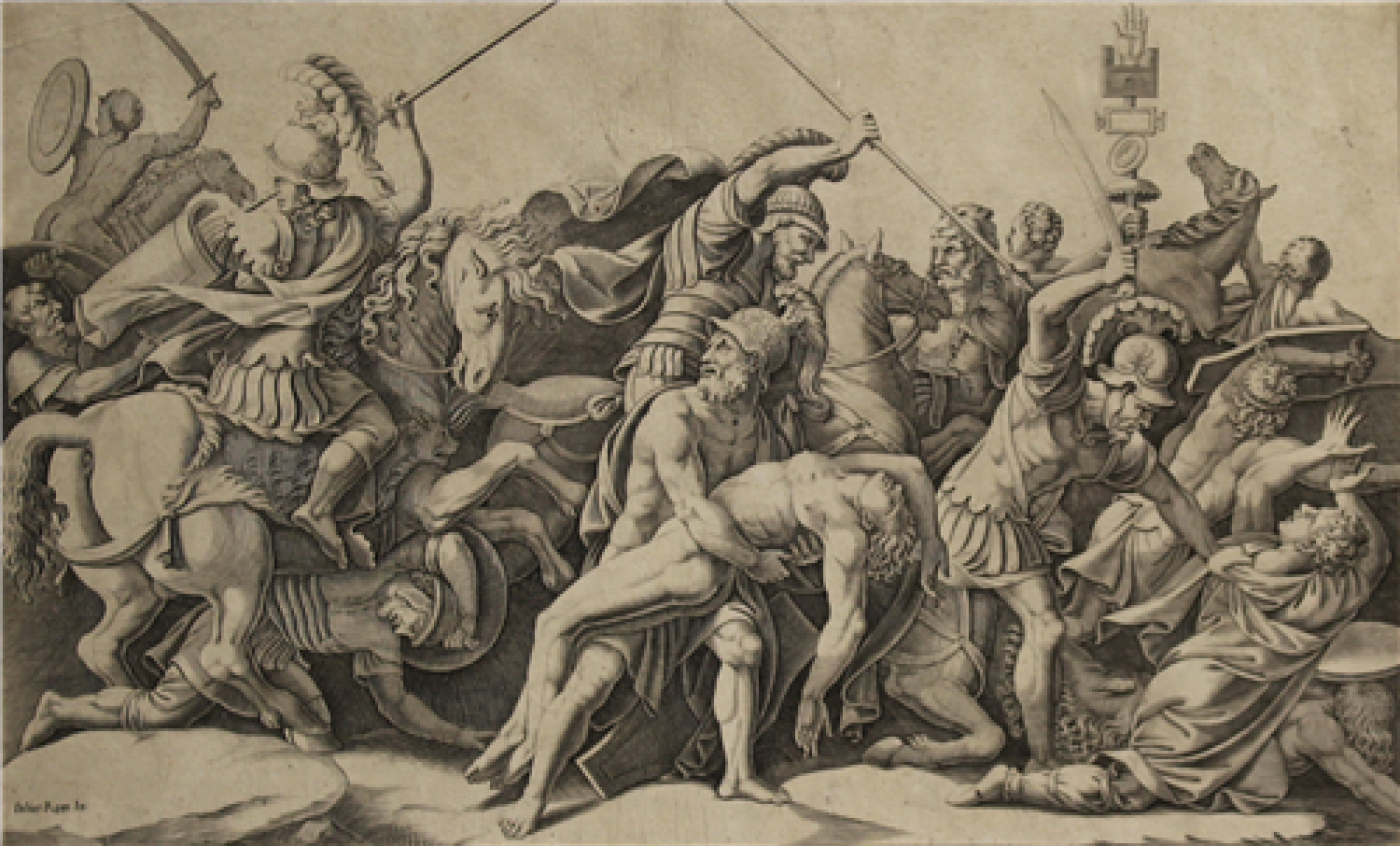 A print with many masculine figures engaging in battle, some on horseback, some on foot. In the center, one man is holding the body of a fallen man.