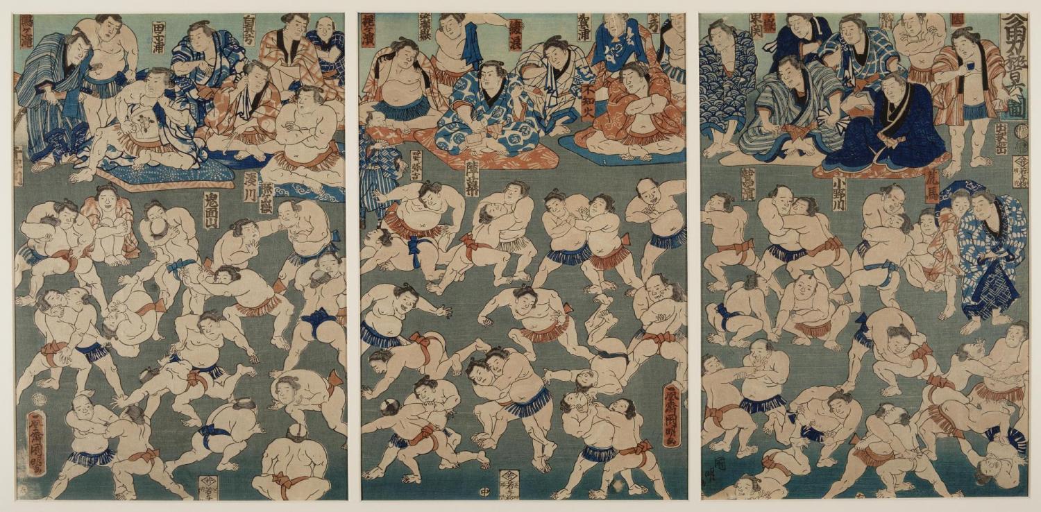 A triptych made up of three prints with many sumo wrestlers. At the top, men dressed in robes and sitting on patterned mats watch them wrestle.