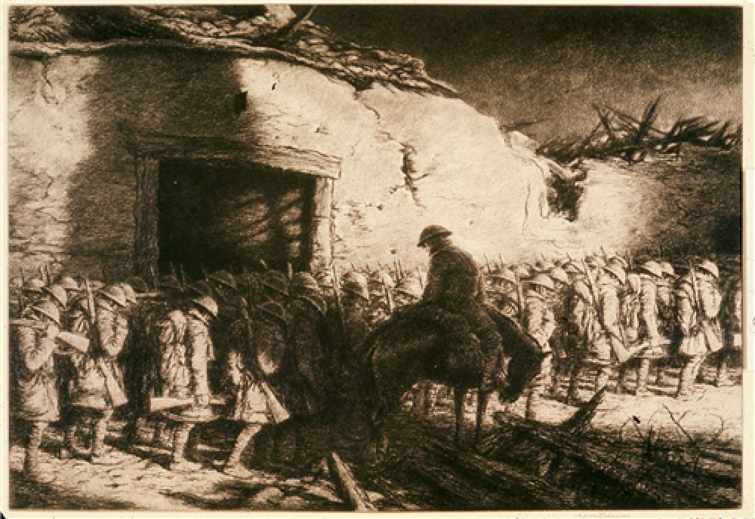 Soldiers standing in lines; all with heads lowered.