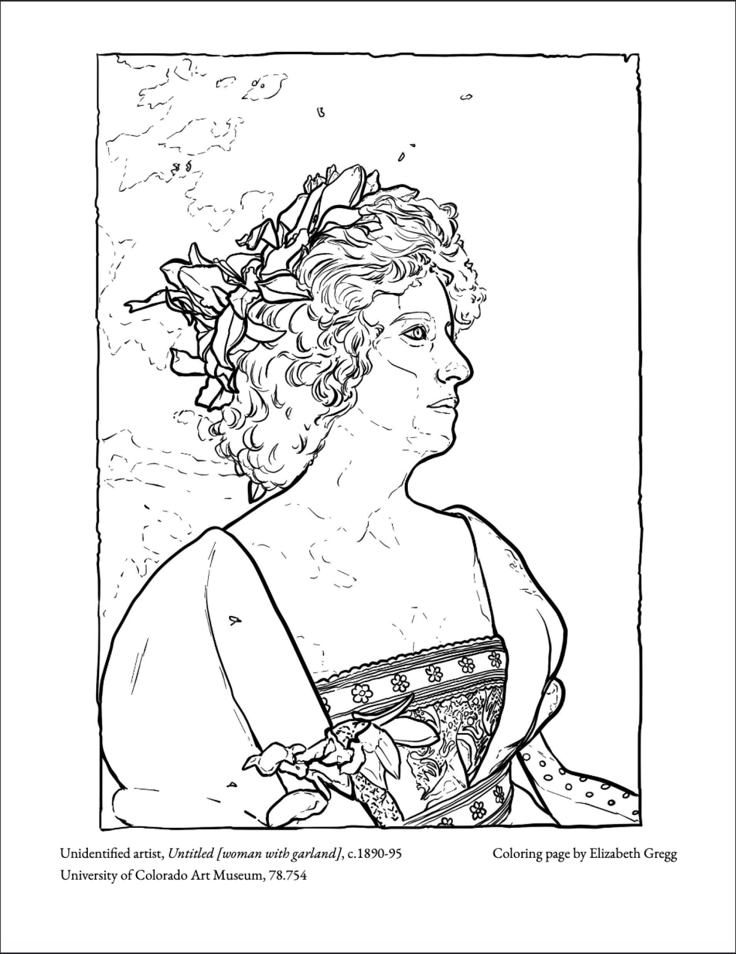 Coloring page of a portrait of a woman wearing a garland of leaves on her head.