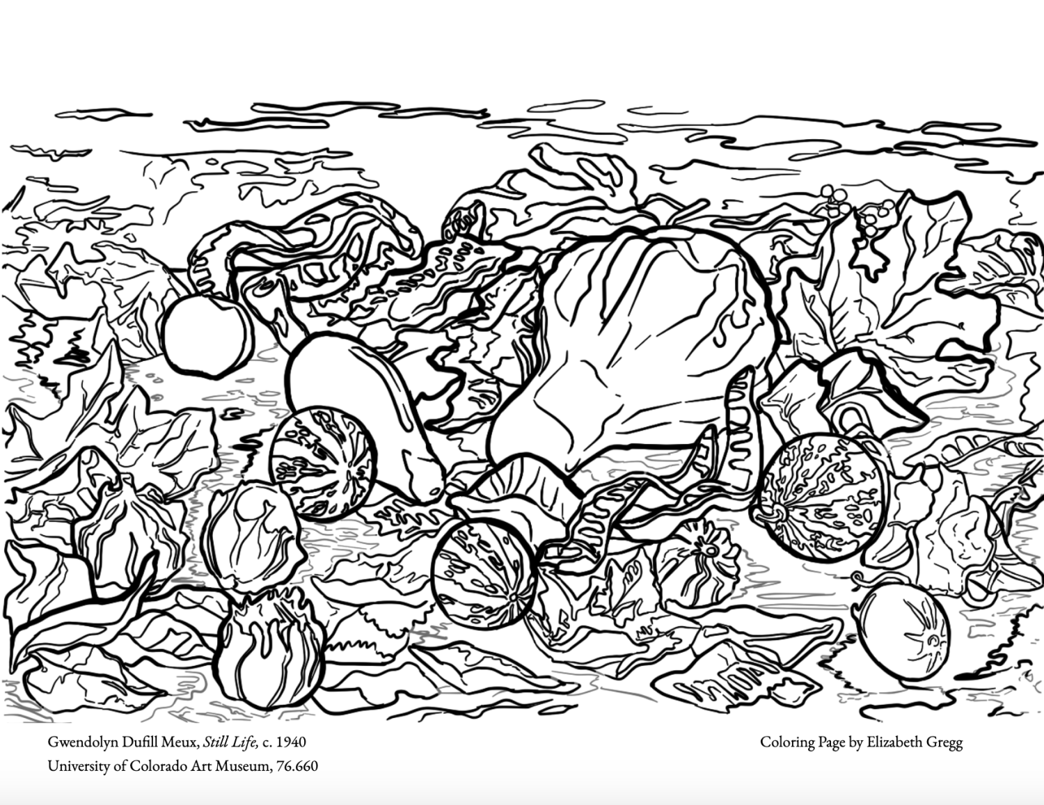 Coloring page of a still life featuring squash, other small vegetables, anddried leaves.