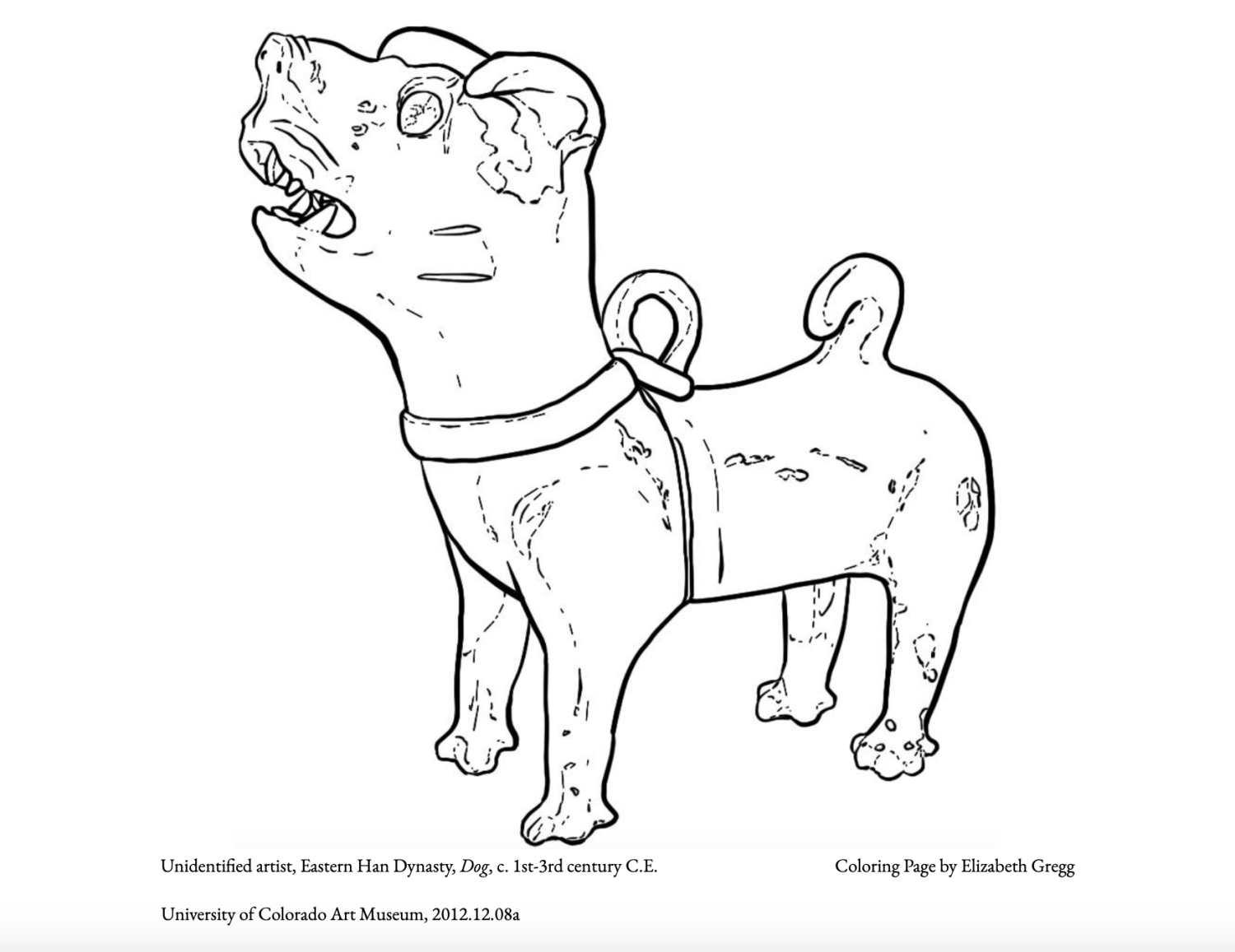 Coloring page of a statue of a dog with its mouth open.