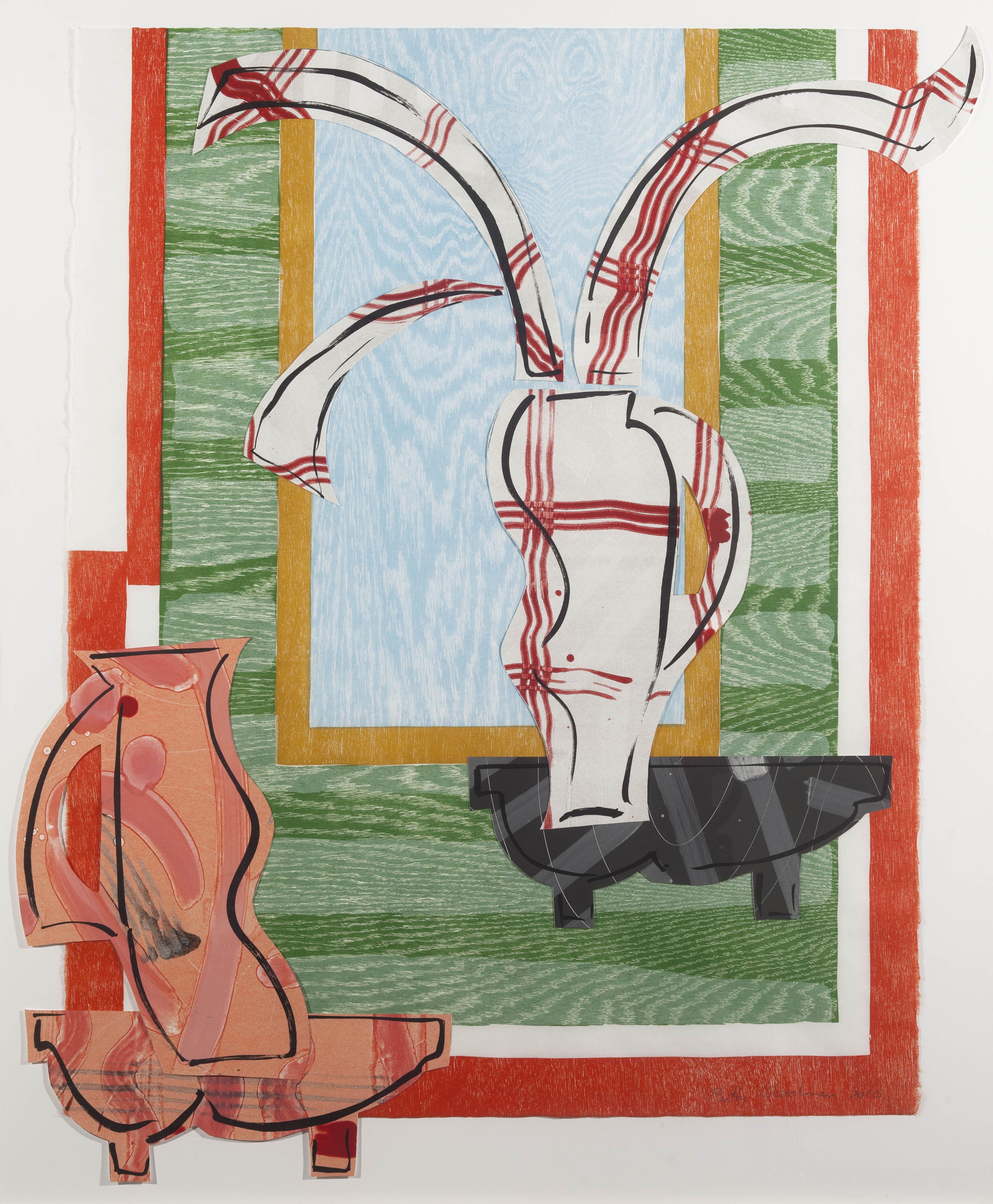 Bright collage of abstract vases on wall