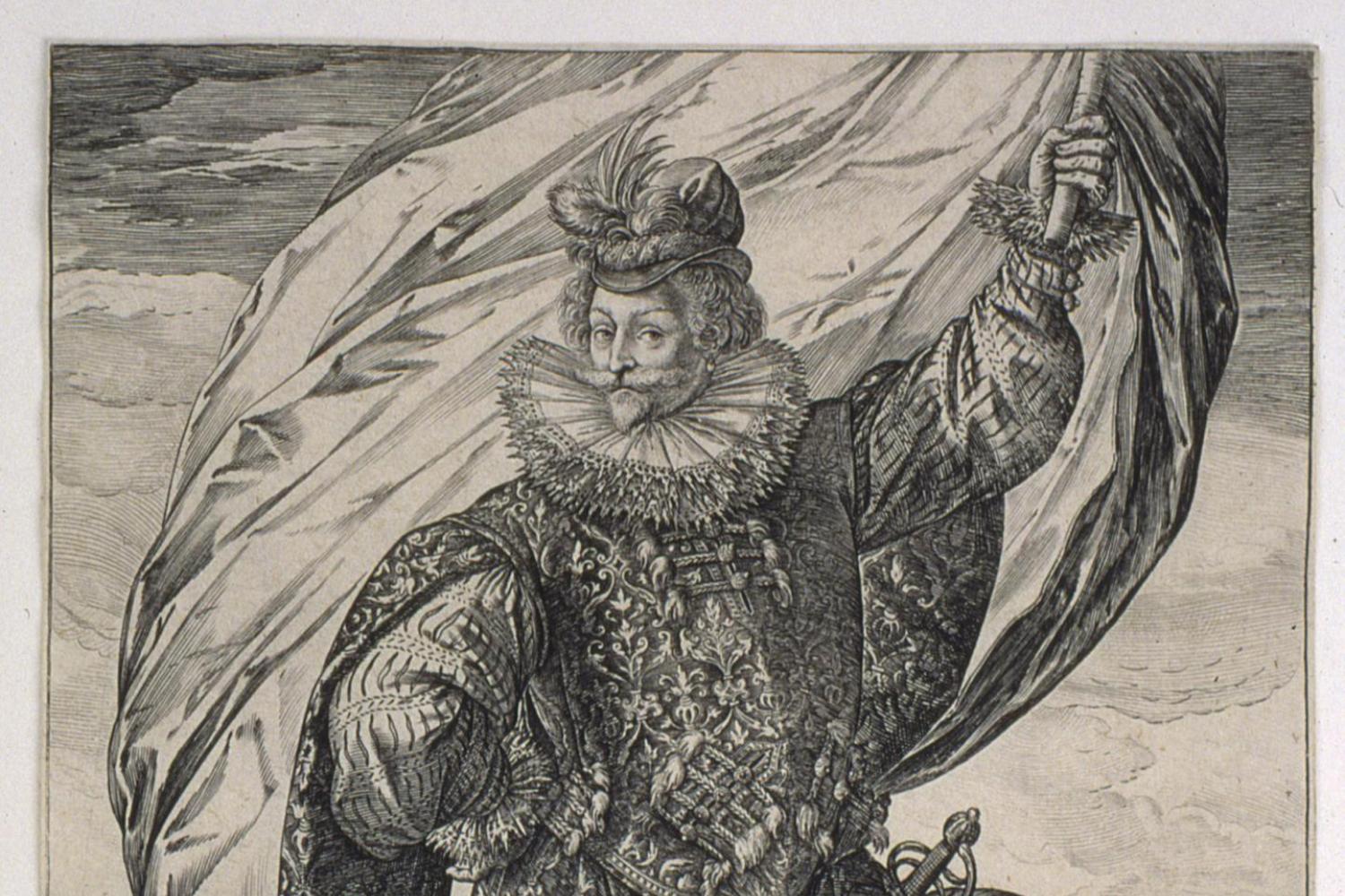 A black and white print of a very fancily dressed European man wearing a ruffled collar and patterned clothing. He has a mustache and is smiling while dramatically holding up a large piece of cloth that is blowing in the wind.