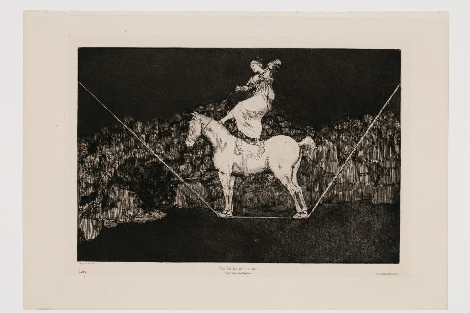 A black and white print featuring a woman balancing atop a horse, who is balancing atop a tightrope.