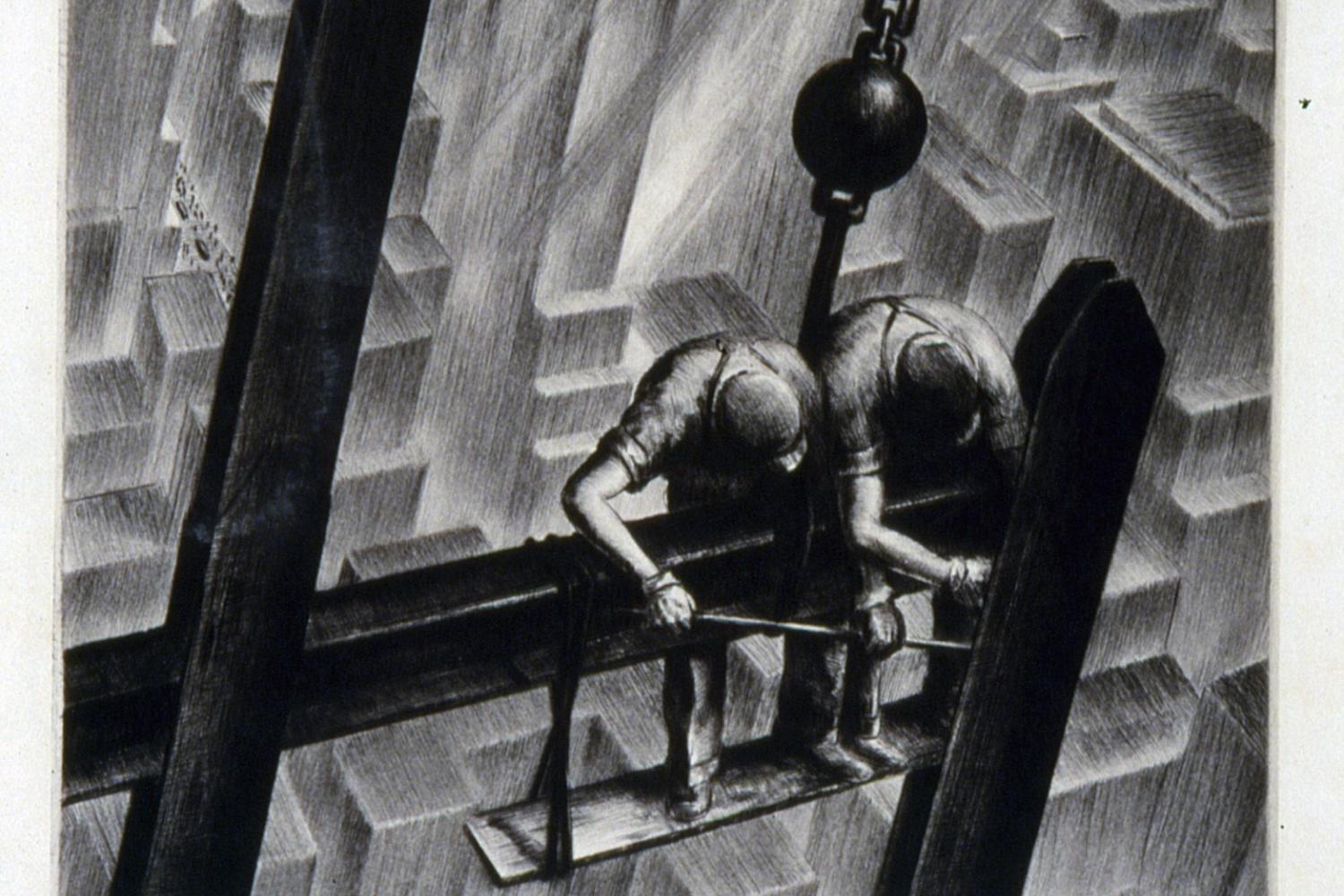 A black and white print featuring two men working on steel beams high above a city.
