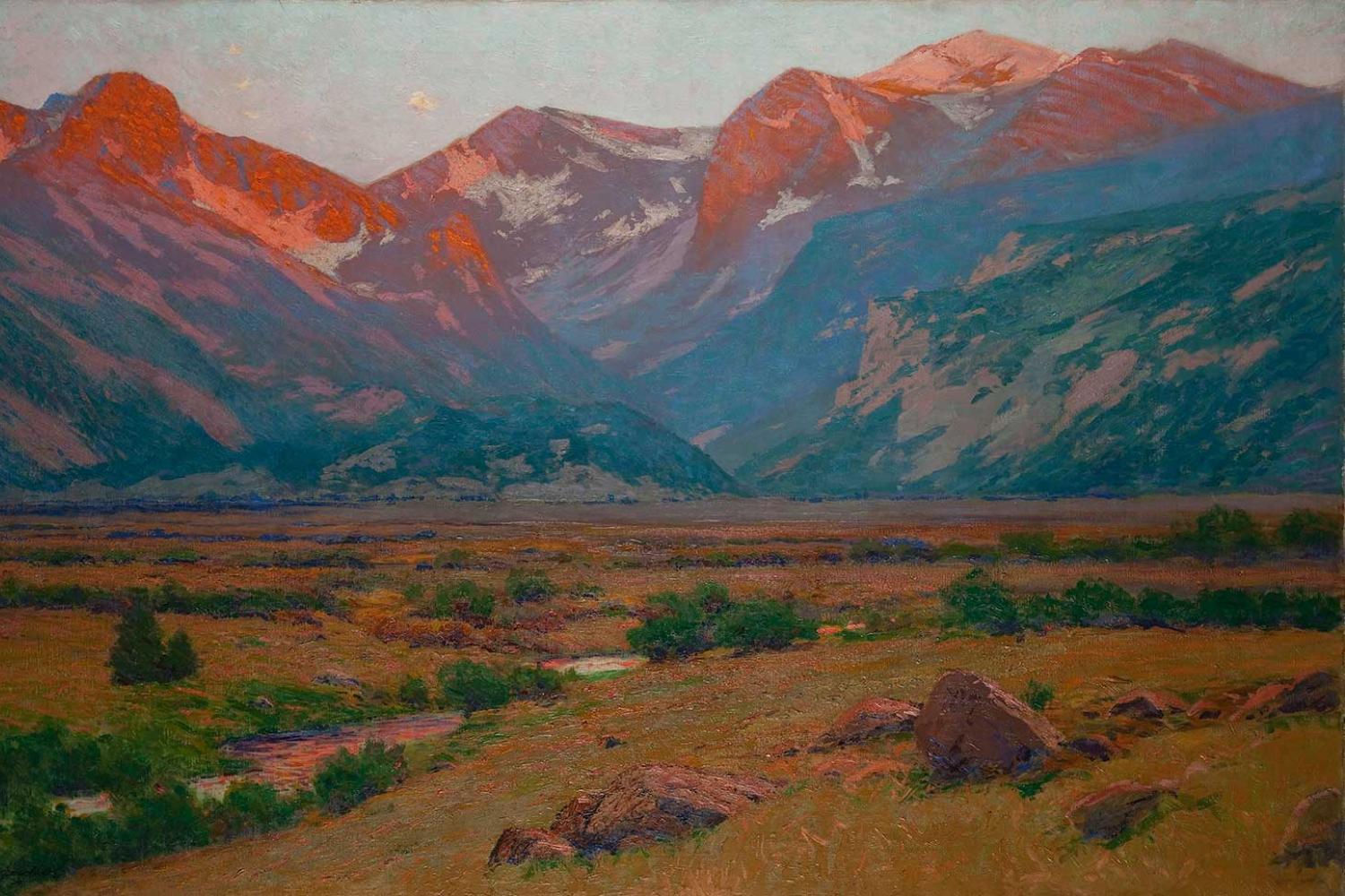 painting of a mountain valley at sunrise