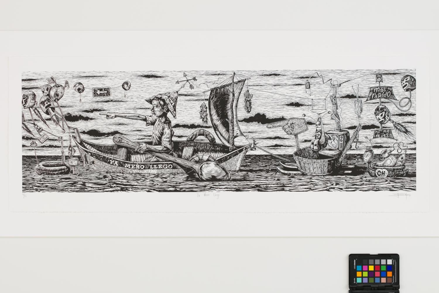 A black and white print depicting a young boy rowing a boat with a giant spoon. Text on the boat reads, "Ya Mero Llego" and the boat is pulling many items, including foam fingers, a TV, and luchador masks.