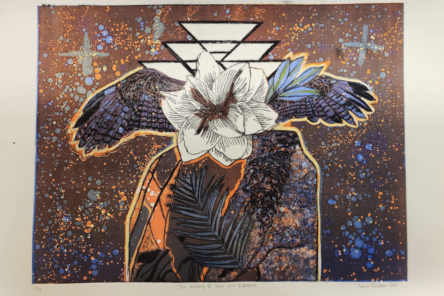A print featuring outstretched bird wings, over which is a large white flower. The wings appear to soar over a large boulder, over which is a large feather.