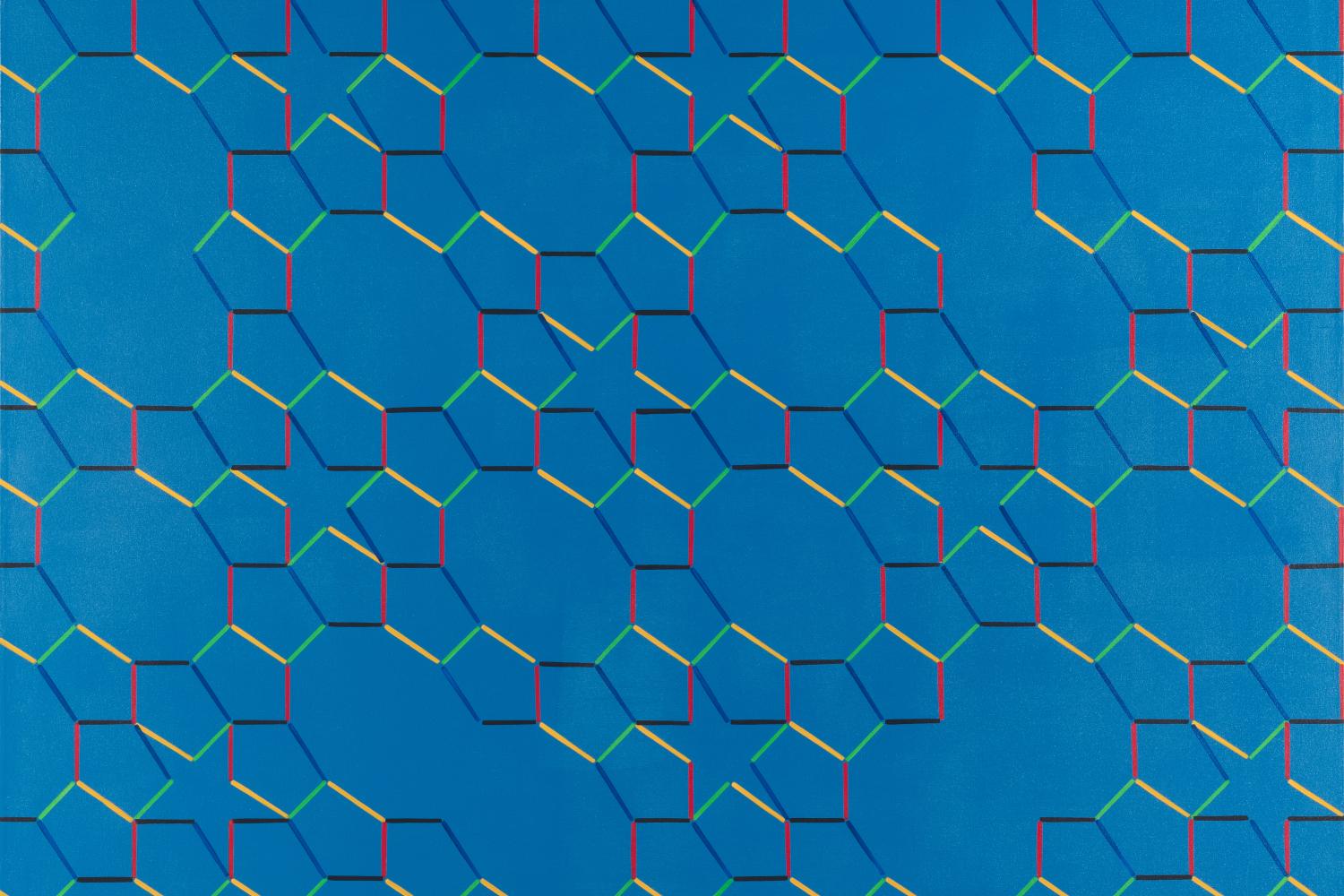 A geometric pattern featuring vibrant colors atop a blue background.