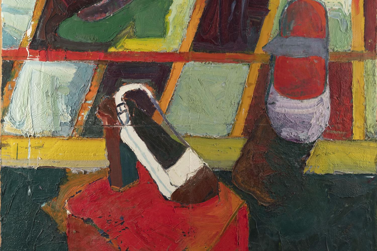 A painting featuring three different heeled shoes. Two of the shoes rest upon a checkered floor, while the third, in the foreground, rests atop a red cube.