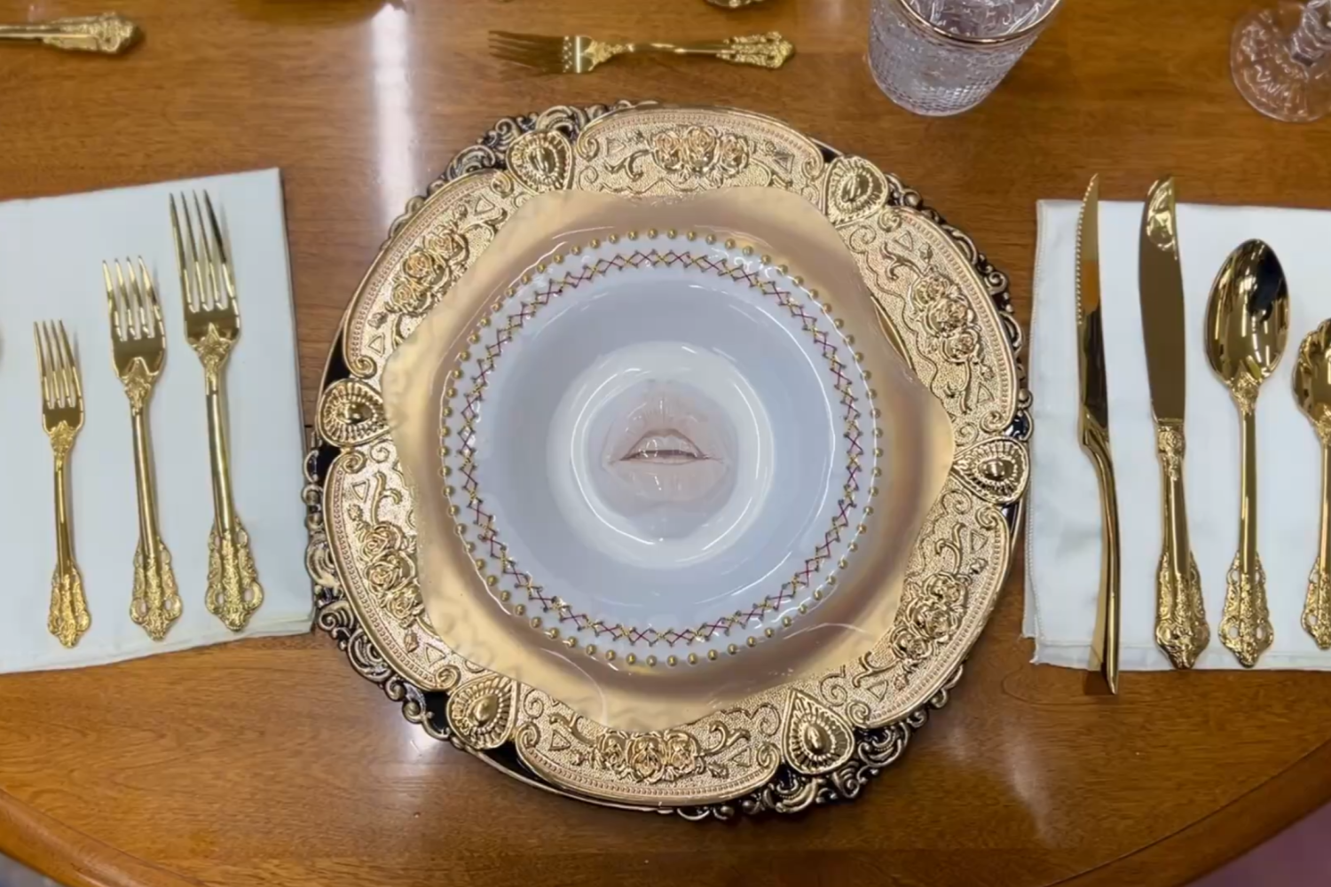 A view of a table from above, featuring golden plate settings and a bowl with a pale, open mouth in its center.