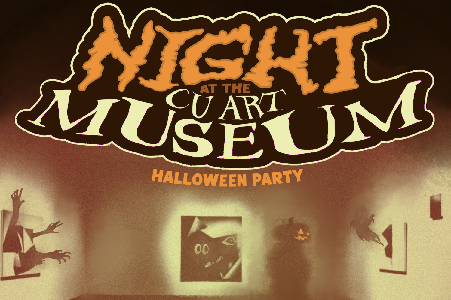 A haunted gallery with spooky text that reads, "Night at the CU Art Museum".