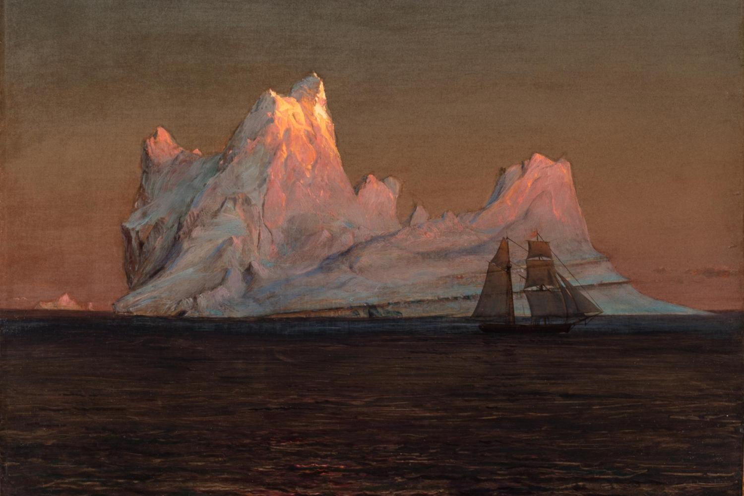 Painting of a ship in front of an inceberg