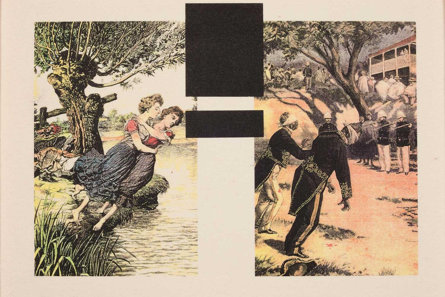 print with two sections, on the right there are two women falling into a river, on the left there are two african american soldiers in front of a firing squad
