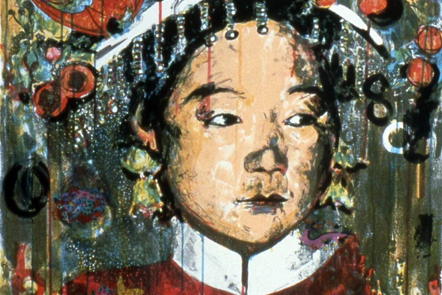 highly stylized painting of a Chinese woman in a traditional hat.